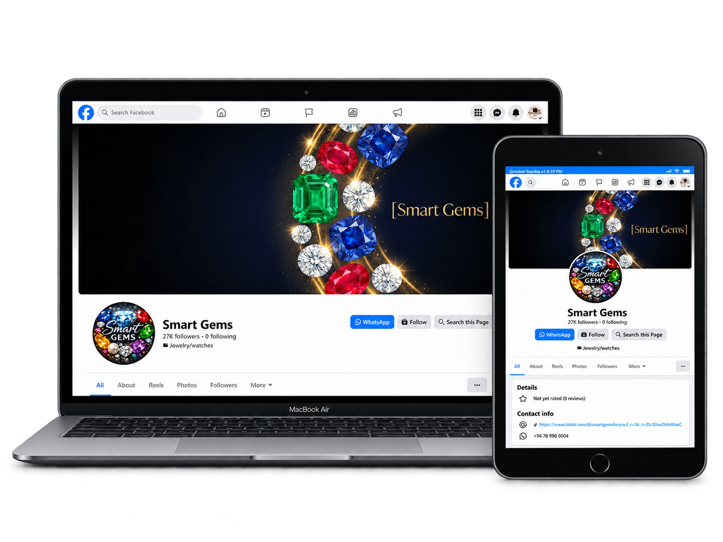 Ceylon Smart Gems Facebook page displayed on laptop and tablet devices
