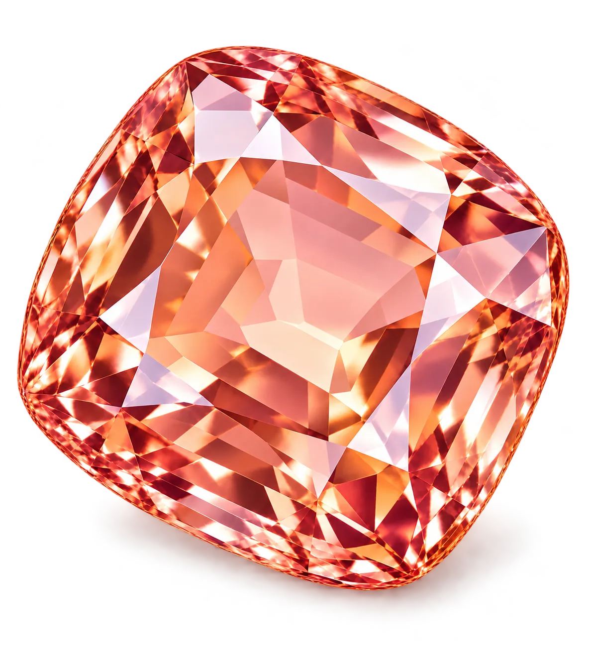 Tilted cushion-cut Padparadscha sapphire with pink-orange facets